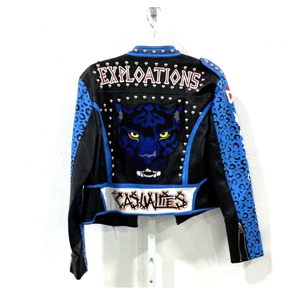Azalea Wang Stud Moto Jacket Vegan Leather Blue World Panther Graphics - Size L - Picture 2 of 6